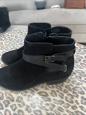 Women's Black Suede Ankle Boots with Buckle Strap